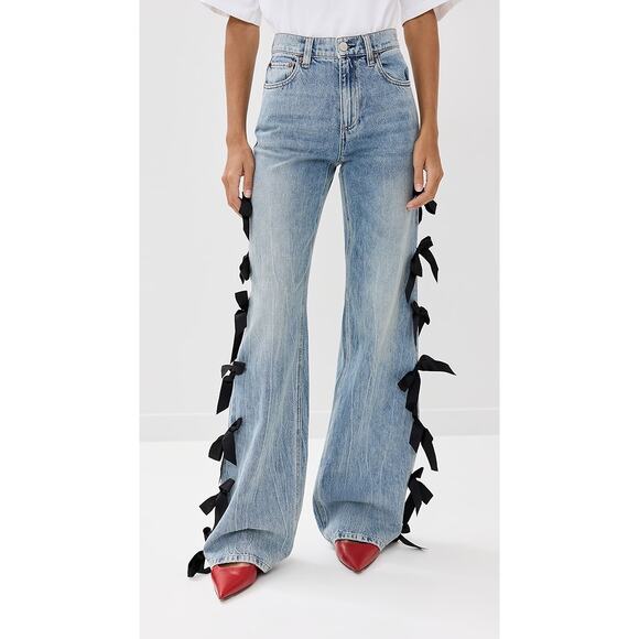 Alice + Olivia Blue Flare Jeans with Black Bow Accents - Picture 4 of 12